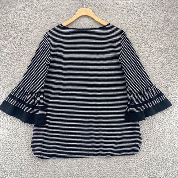 John Mark Top Womens Medium Black Striped 3/4 Bell Sleeve Stretch Knit Pullover - Picture 3 of 10